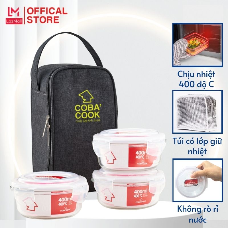 Bộ 3 hộp tròn 400ml đựng cơm kèm túi hộp thủy tinh chịu nhiệt cường lực COBA'COOK- CCR43BL