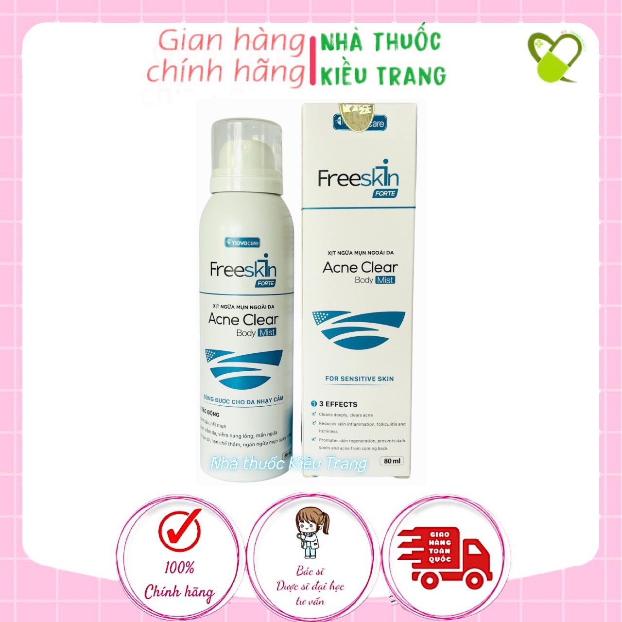 Xịt mụn Freeskin - Xịt mụn lưng, viêm da, viêm nang lông, dày sừng nang lông. Giúp sạch mụn, mờ thâm, sáng da 80ml