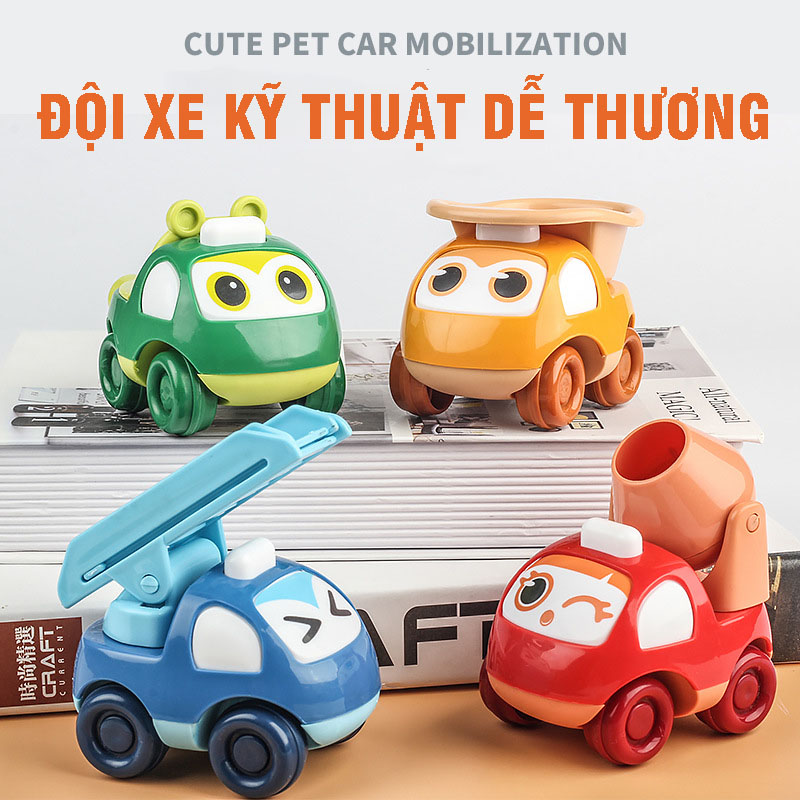 Bộ đồ chơi ô tô quán tính mi ni hoạt hình mô tả xe công trình, xe kỹ thuật, xe thang, xe cứu hộ đẹp và dễ thương, nhựa ABS an toàn