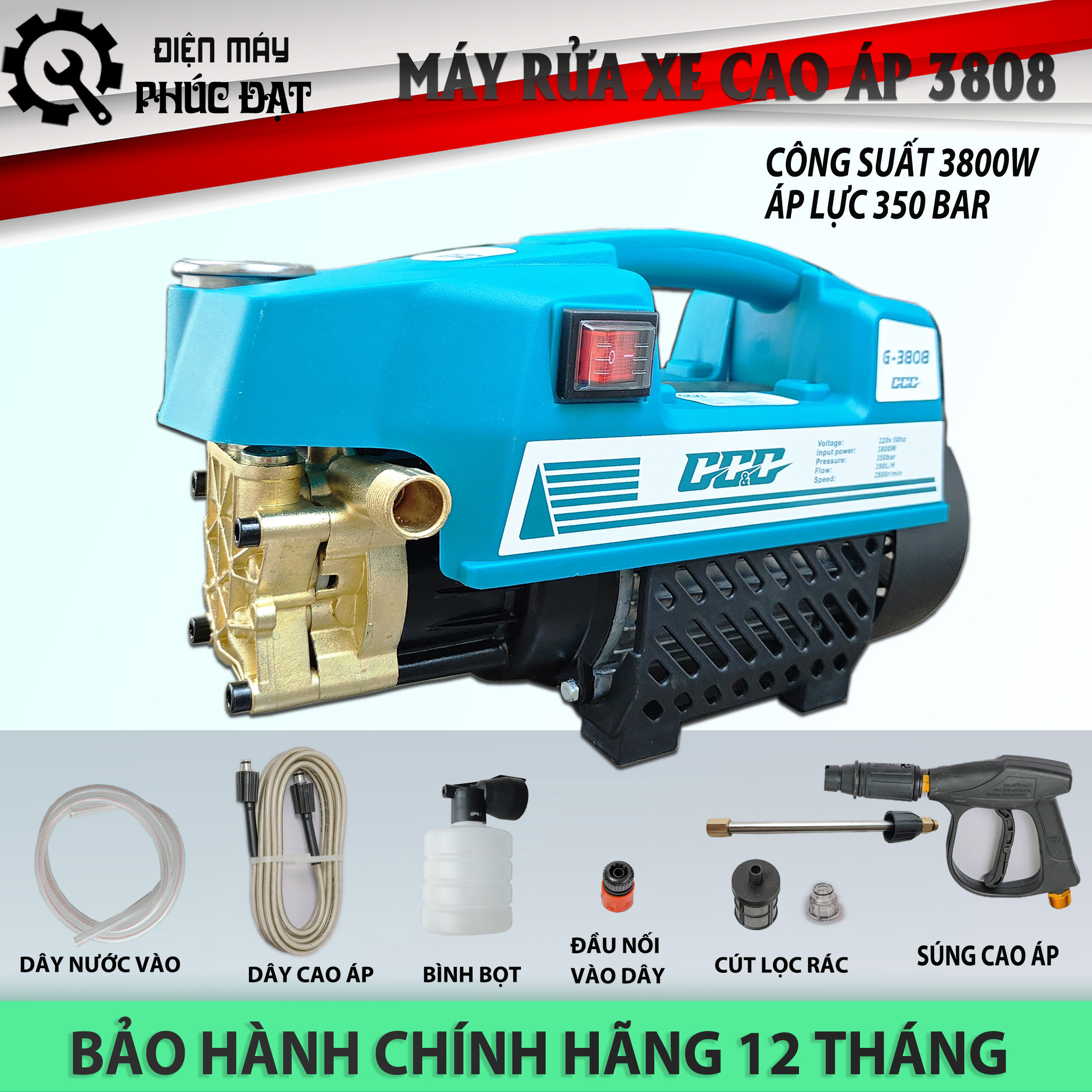 Máy rửa xe tăng áp g-3808 công suất 3800w| dây ống dài 15m| chống cháy, phụ kiện đầy đủ