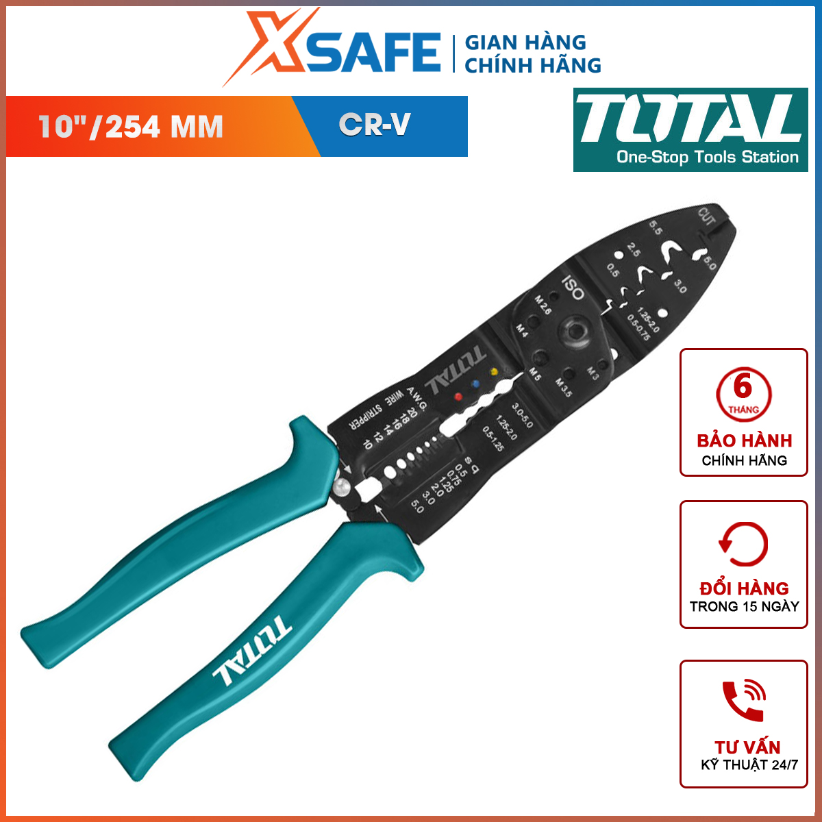 Kềm tuốt cắt dây điện sợi quang đa năng TOTAL 85inch 10inch kiềm tuốt dây bấm cos thép Cr-V siêu bền chắc phù hợp với hầu hết mọi kích cỡ dây