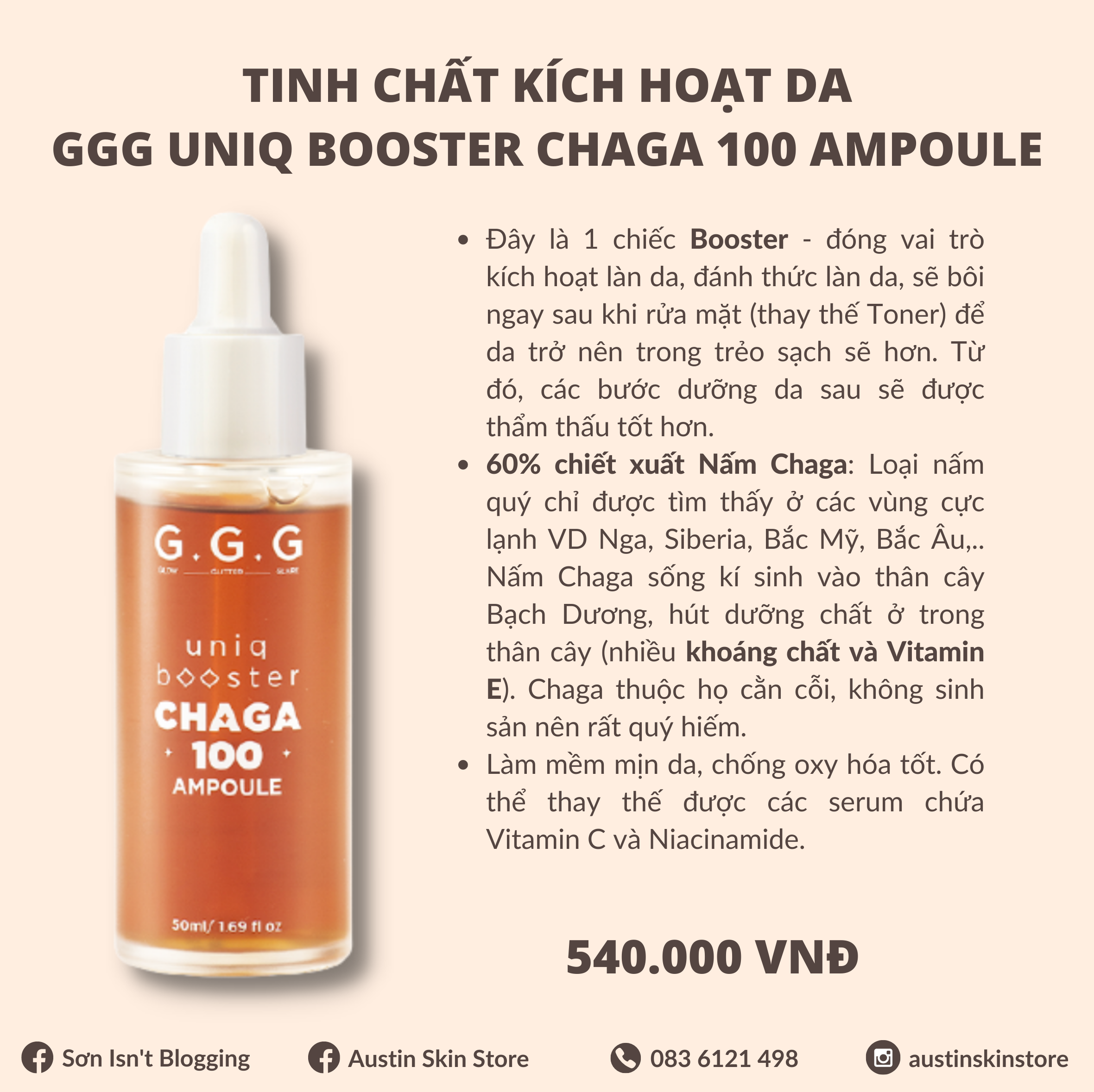Tinh chất kích hoạt da ggg uniq booster chaga 100 ampoule 50ml
