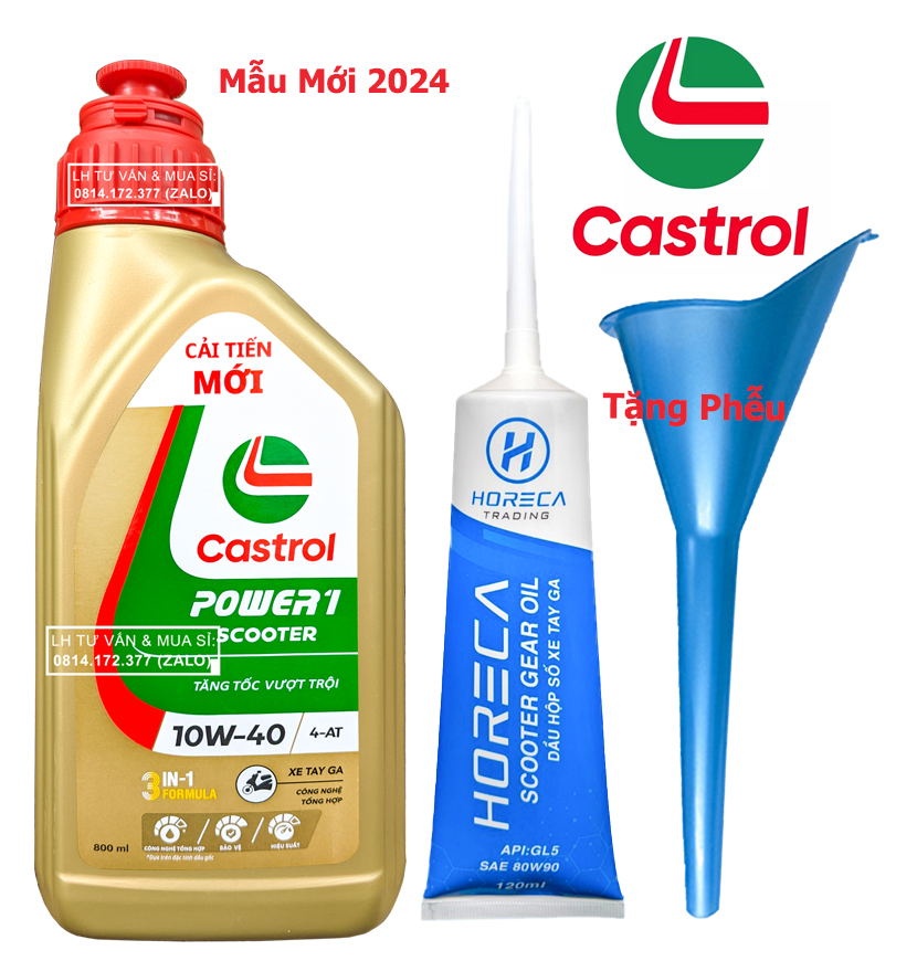 Bộ combo nhớt tổng hợp tay ga Castrol Power-1 Scooter 10w40 800ml ( 0.8L ) + Nhớt lap Tay Ga + Tặng phễu châm nhớt