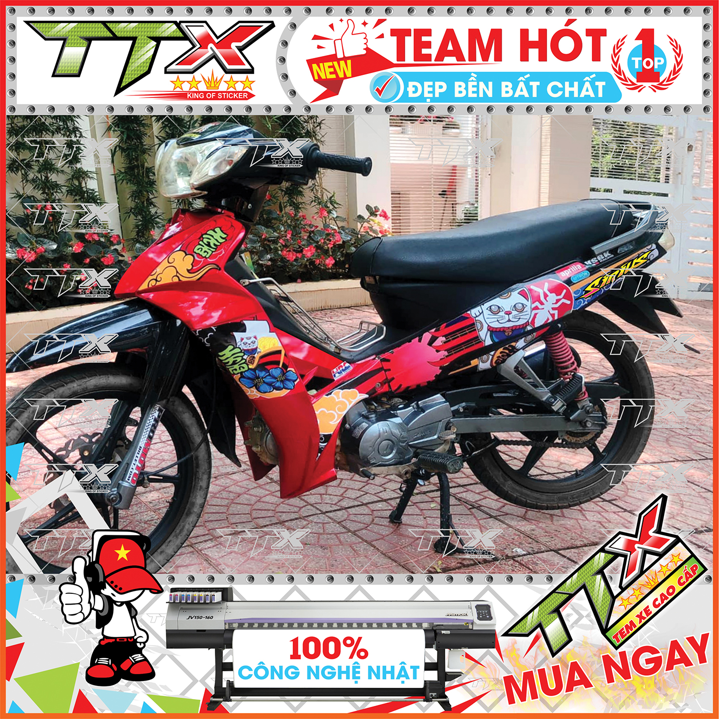 Tem rời sirius mèo thần tài , Team chế sirius dán xe màu đỏ nền đen tuyệt đẹp , Shop TTX Tem xe sirius