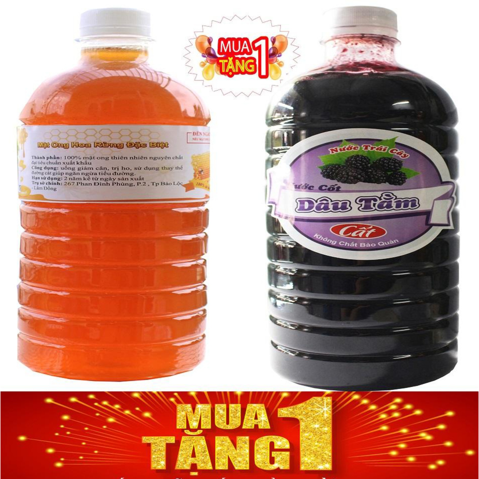 Mật ong hoa rừng cao cấp 1 lít tặng kèm 1 chai dâu tằm 1 lít