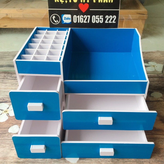 Kệ mỹ phẩm 3 tầng 4 hộc màu xanh dương khay son