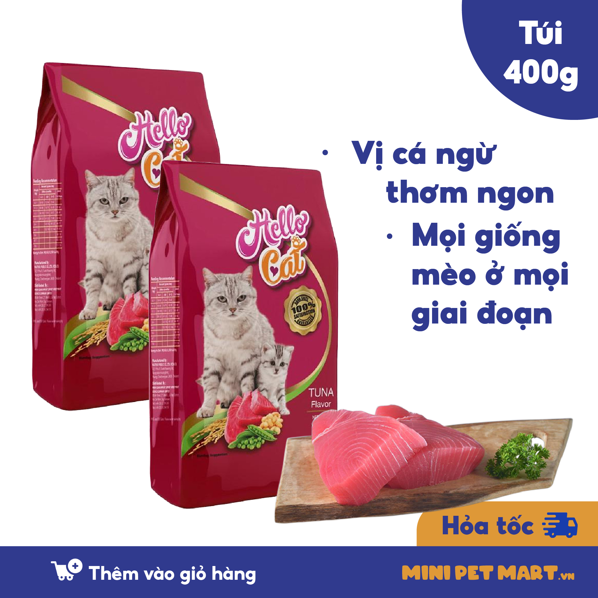 Hạt hello cat cho mèo mọi lứa tuổi hương vị cá ngừ thơm ngon gói 400g - mini pet mart