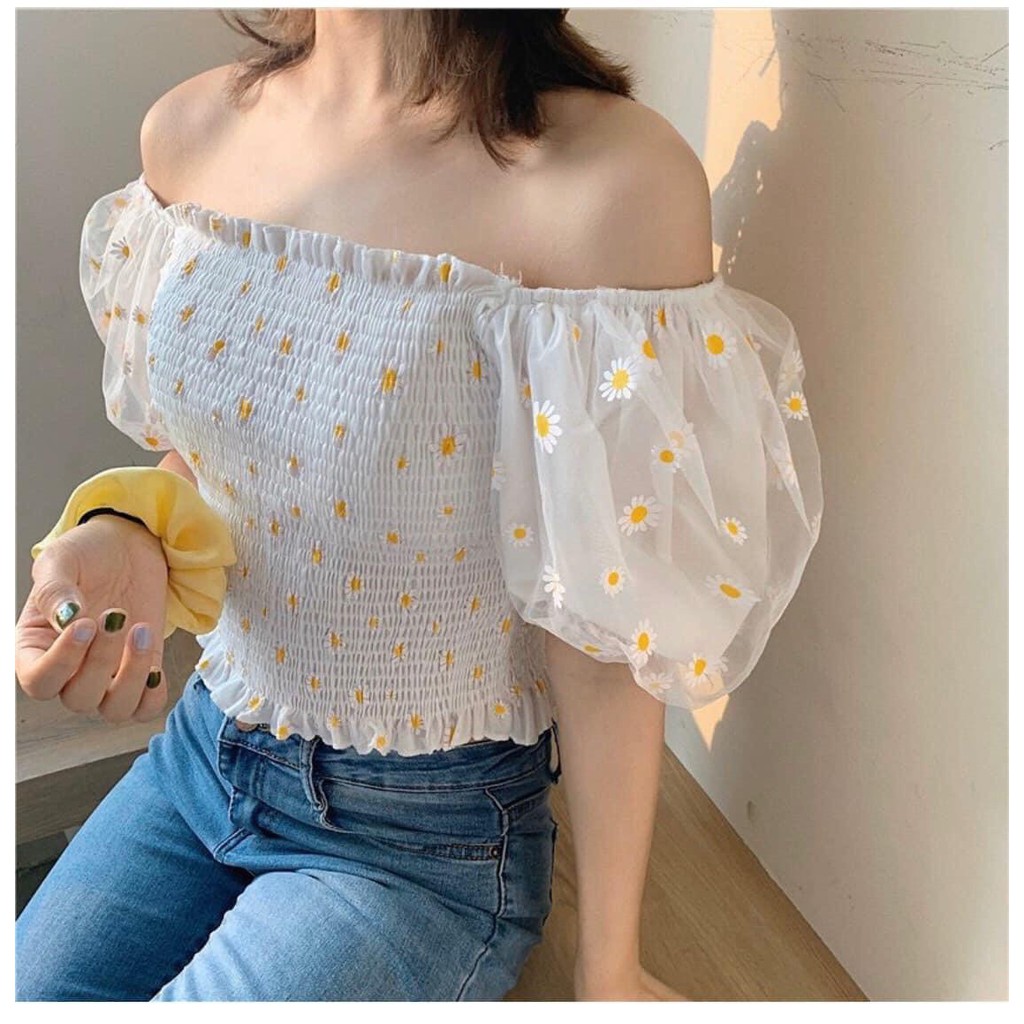 Áo Croptop Cúc Hoạ Mi Vải Voan Phối Tay Lứoi
