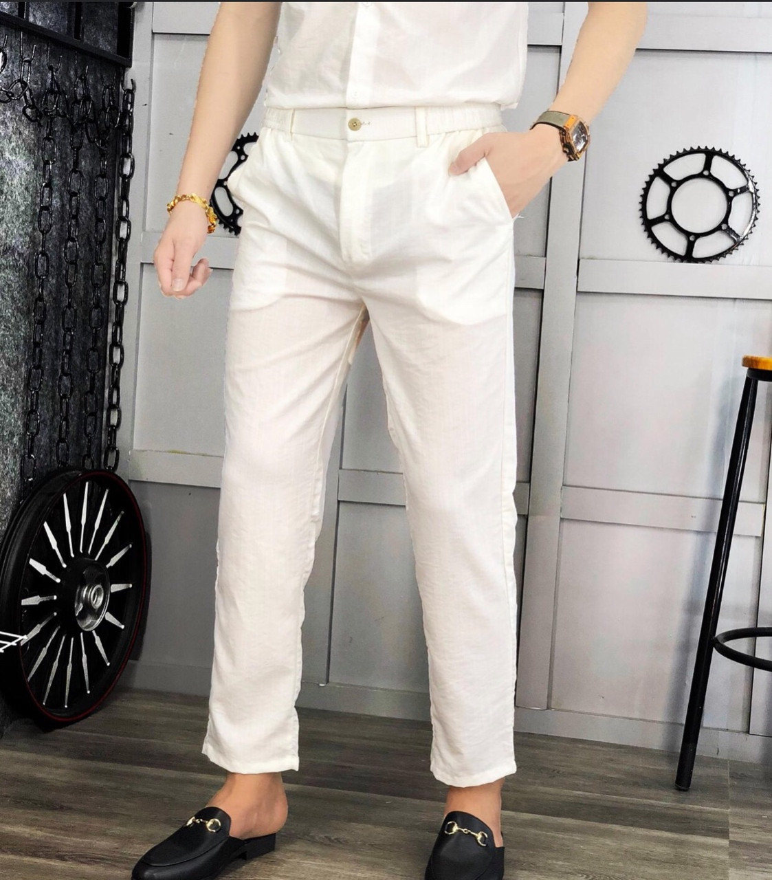 Quần Nam Đũi Dài Ống Suông Cạp Chun Dây Rút Khuy Cài Chất Mịn Mát Mặc Nhẹ Như Không Phong Cách Thời Trang
