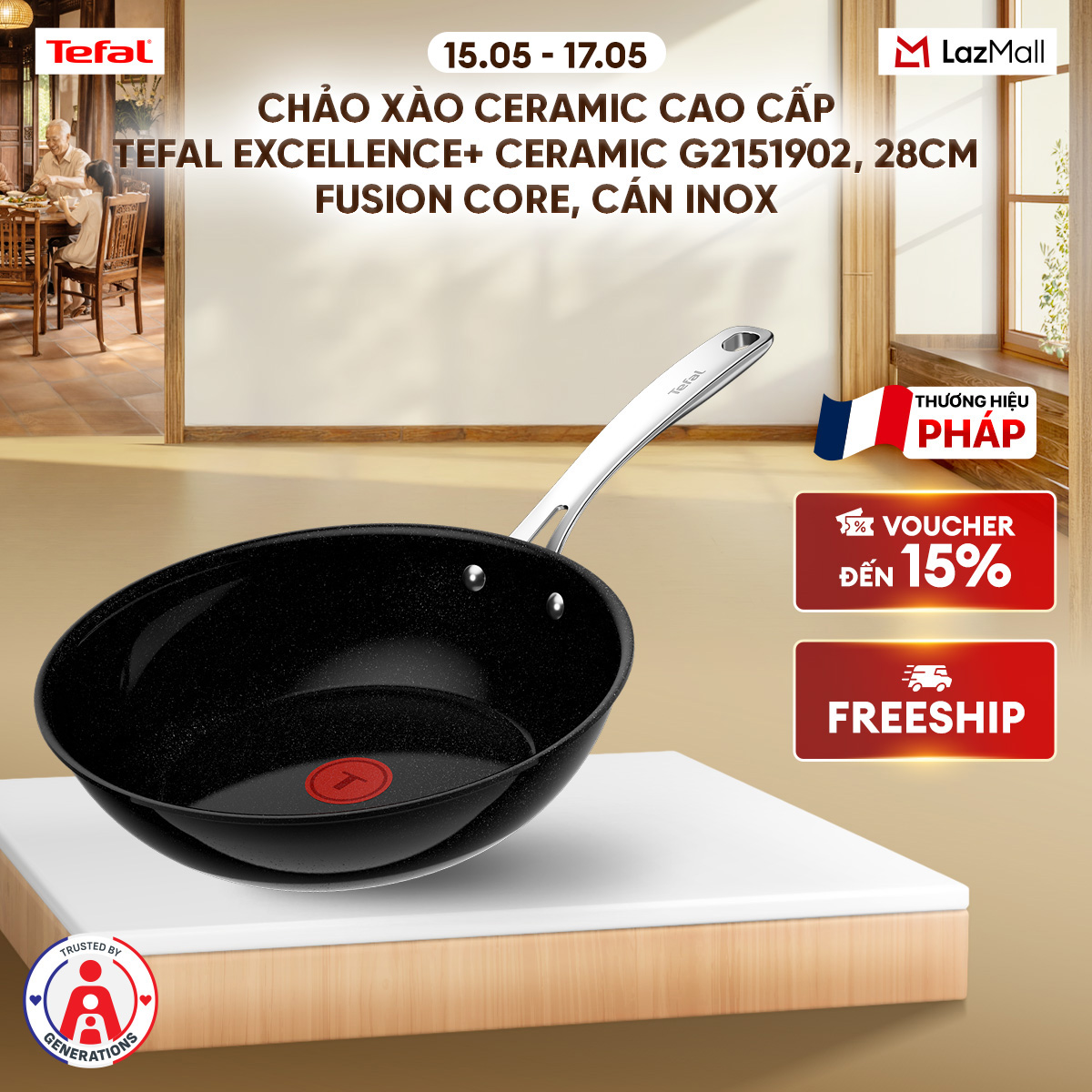 Chảo xào ceramic cao cấp Tefal EXCELLENCE+ CERAMIC G2151902, 28cm, Fusion Core, cán inox