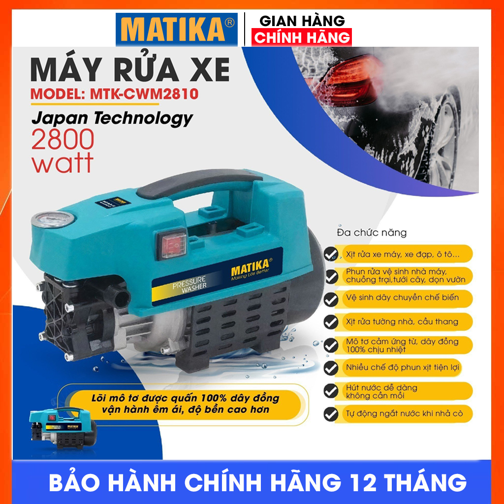 Máy xịt rửa xe công suất lớn - máy rửa sạch nhanh - máy rửa xe matika mtk-cwm2810 công suất 2800w, cho lưu lượng nước 20 lít/phút giúp xịt rửa mạnh mẽ, loại bỏ vết bẩn nhanh chóng, xịt rửa xe honda, oto, xịt rửa sân vườn mạnh