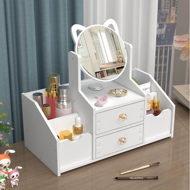 Kệ mỹ phẩm MINI có gương, kệ đựng mĩ phẩm tai thỏ xinh xắn, kệ mỹ phẩm để bàn phòng ngủ, tủ trang điểm MINI để bàn, bàn trang điểm phòng ngủ, tủ để đồ trang điểm phòng ngủ. lỗi đổi mới.