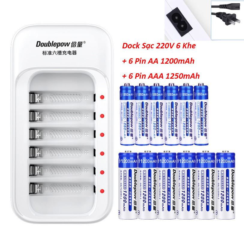 Combo Sạc DP-B02 Kèm 12 Viên Pin Sạc (6 Pin Sạc AA Doublepow 1200mAh  và 6 Pin AAA 1250 mha)