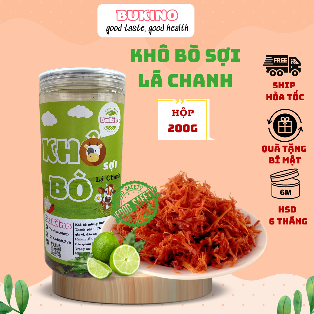 Khô bò lá chanh sợi dài BUKINO, bò khô hộp 200gr, đồ ăn vặt khô bò sợi thơm ngon, ít cay, an toàn vệ sinh thực phẩm Hà Nội