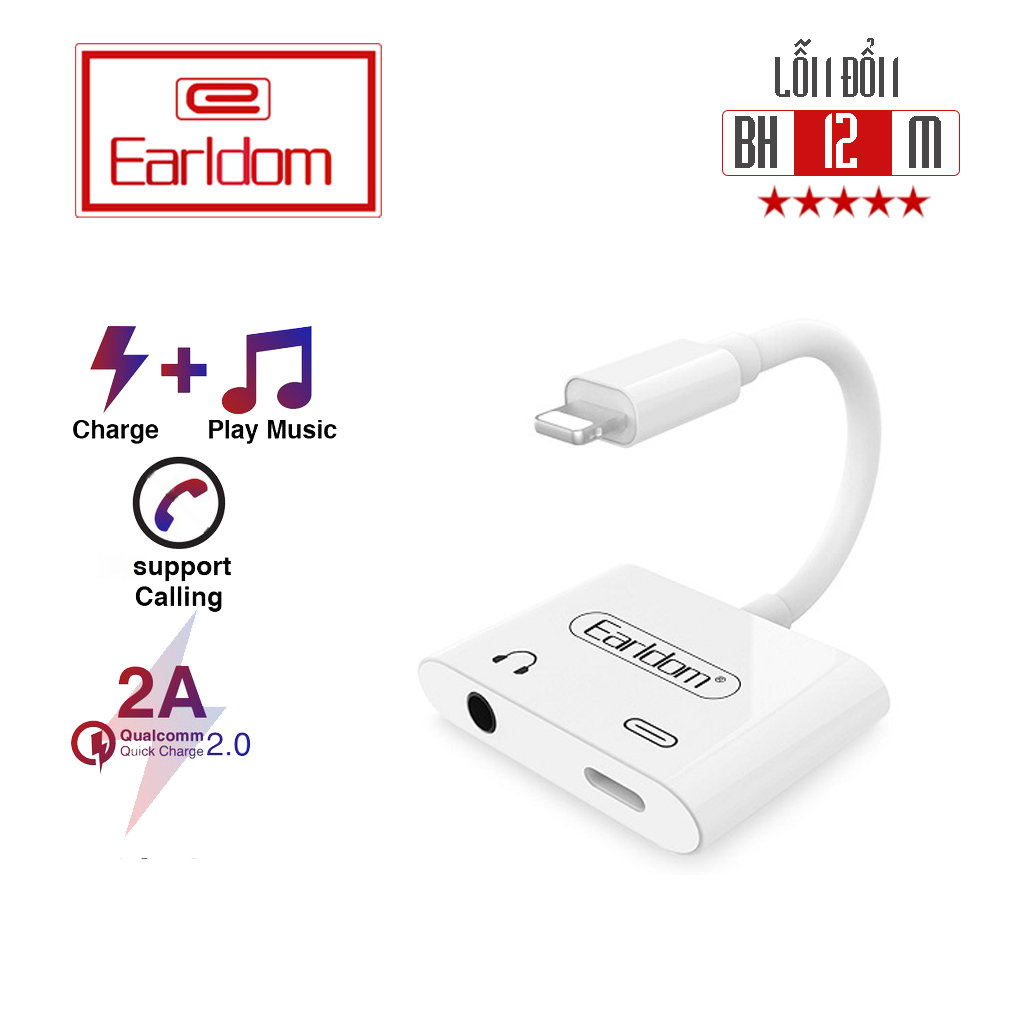 Jack Chuyển Đổi, Zắc Chia Cổng Sạc + Tai Nghe Earldom OT46 Có Hỗ Trợ Micro Đàm Thoại 1 cổng Lightning 1 cổng 3.5, Cáp Chuyển Đa Năng Tương Thích Nhiều Dòng Điện Thoại iOS