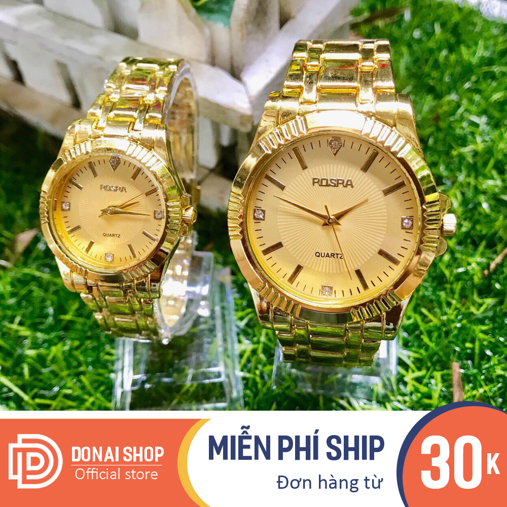 Đồng hồ cặp nam nữ chống nước dây thép vàng Rosra máy kim chạy pin - Đồng hồ cặp tình yêu, tình nhân R194.DONAI