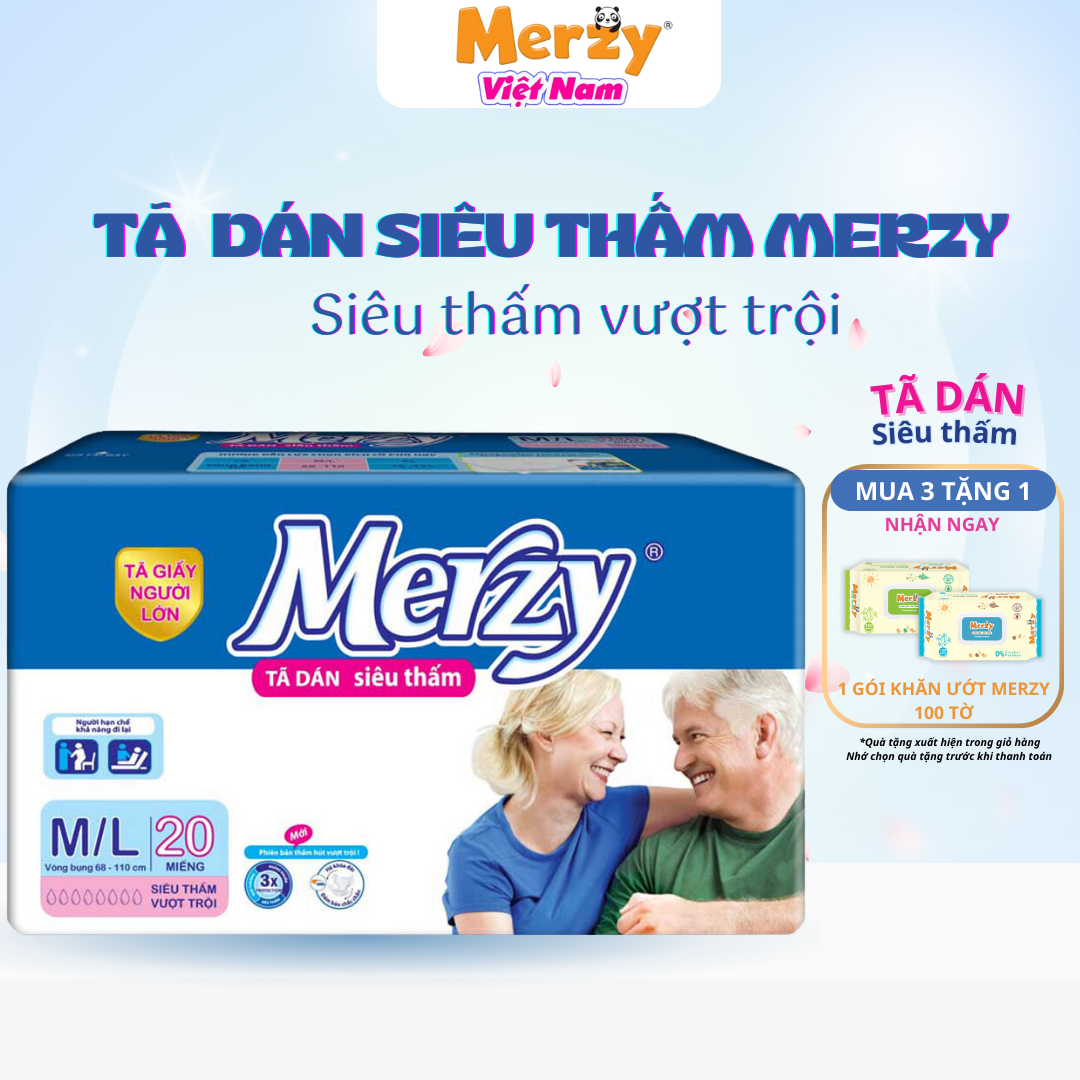 Tã Dán Người Già Merzy Siêu Thấm Hút Khô Thoáng - Size M/L20 Miếng (MUA 3 TẶNG 1 KHĂN ƯỚT 100T)