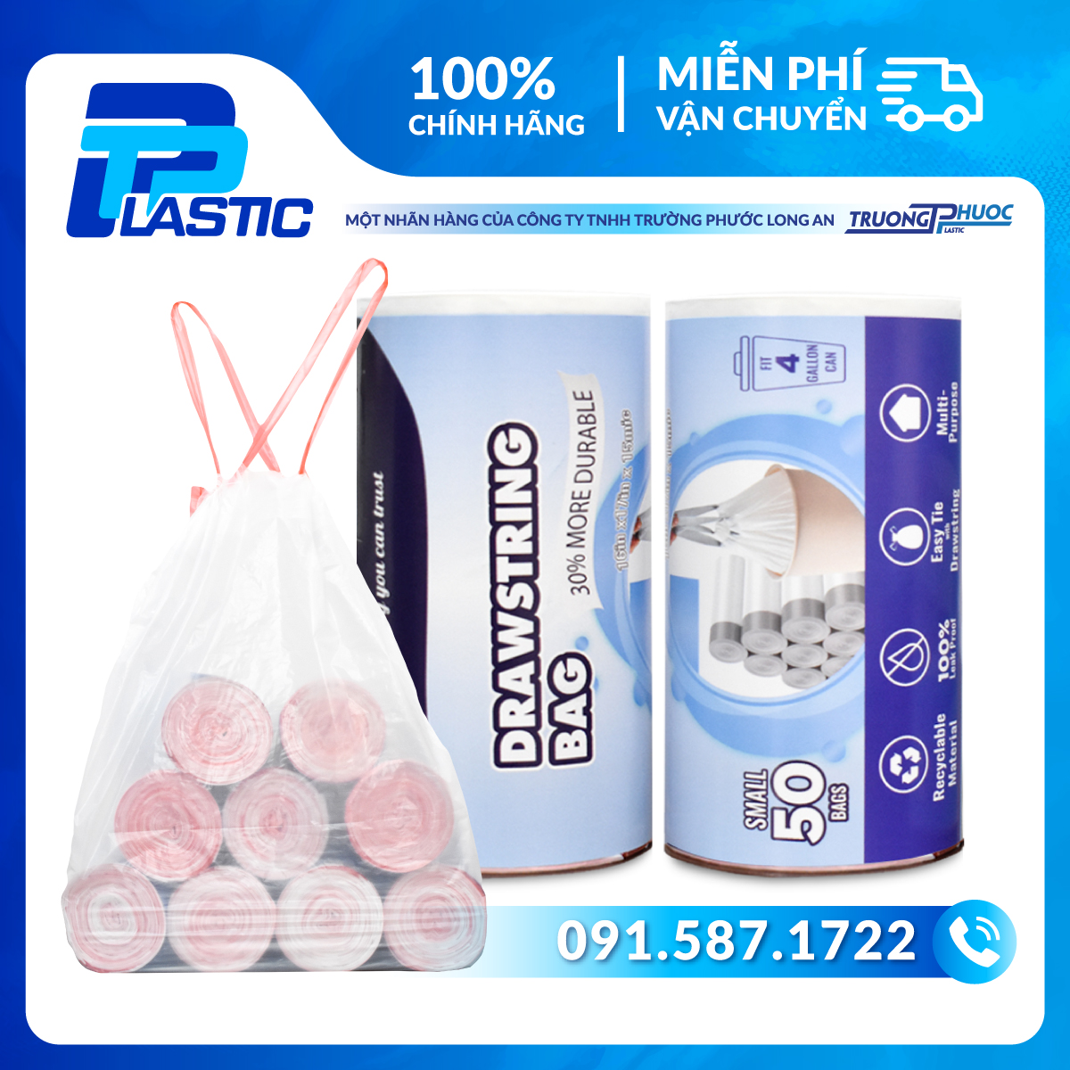 Cuộn 15-50 Túi Đựng Rác Có Dây Rút Tiện Lợi TP Plastic