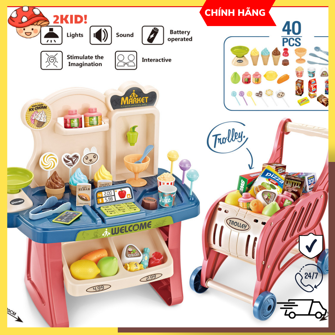 Đồ chơi nấu ăn, Quầy siêu thị cho bé, có âm thanh, ánh sáng sinh động và tính năng quẹt thẻ, kèm theo xe đẩy