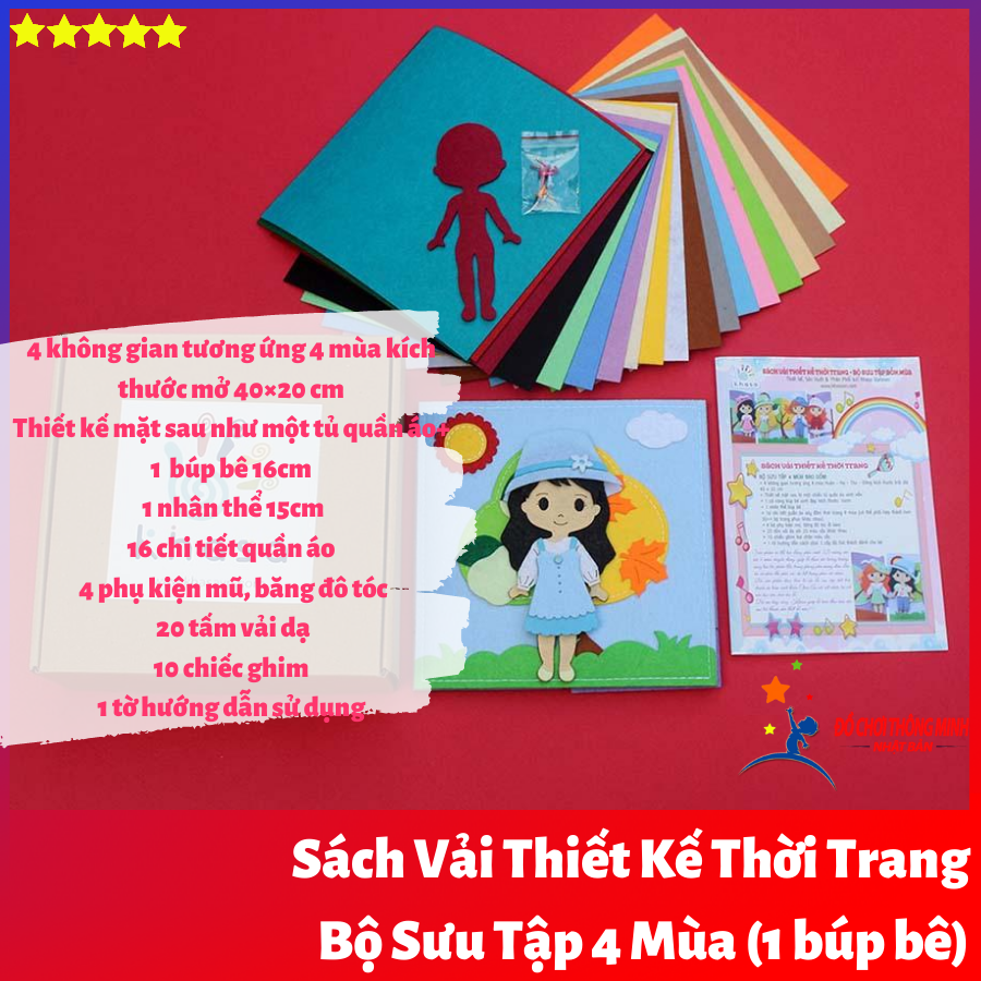 Sách vải thiết kế thời trang bé gái bộ sưu tập 4 mùa 4 búp bê 20 chi tiết tặng 20 tấm vải dạ