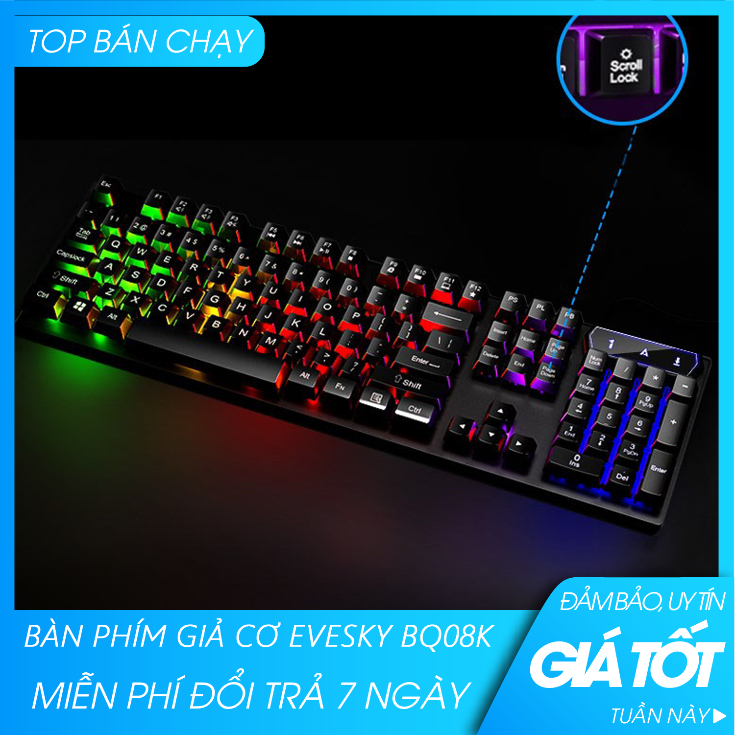Bàn phím cơ - Bàn phím - Bàn phím chơi game-Bàn phím giả cơ- EVESKY BQ08K- Bàn phím đèn LED đa sắc màu - Hỗ trợ đổi trả 7 ngày