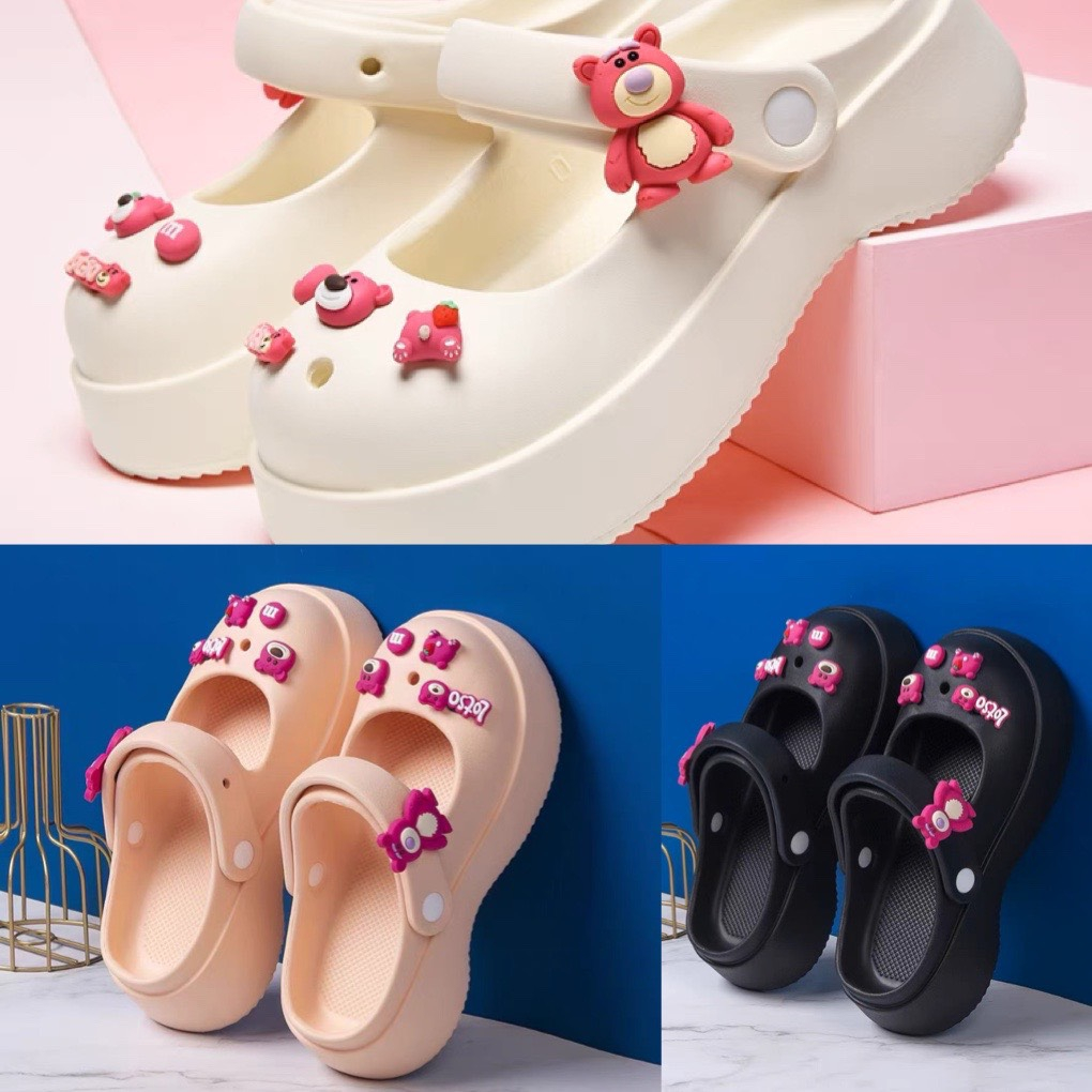 FREE CHIP Sục Crocs nữ gấu hồng đế bánh mỳ 5cm siêu nhẹ tặng kèm Sticker  dễ thương, dép sục độn đế 