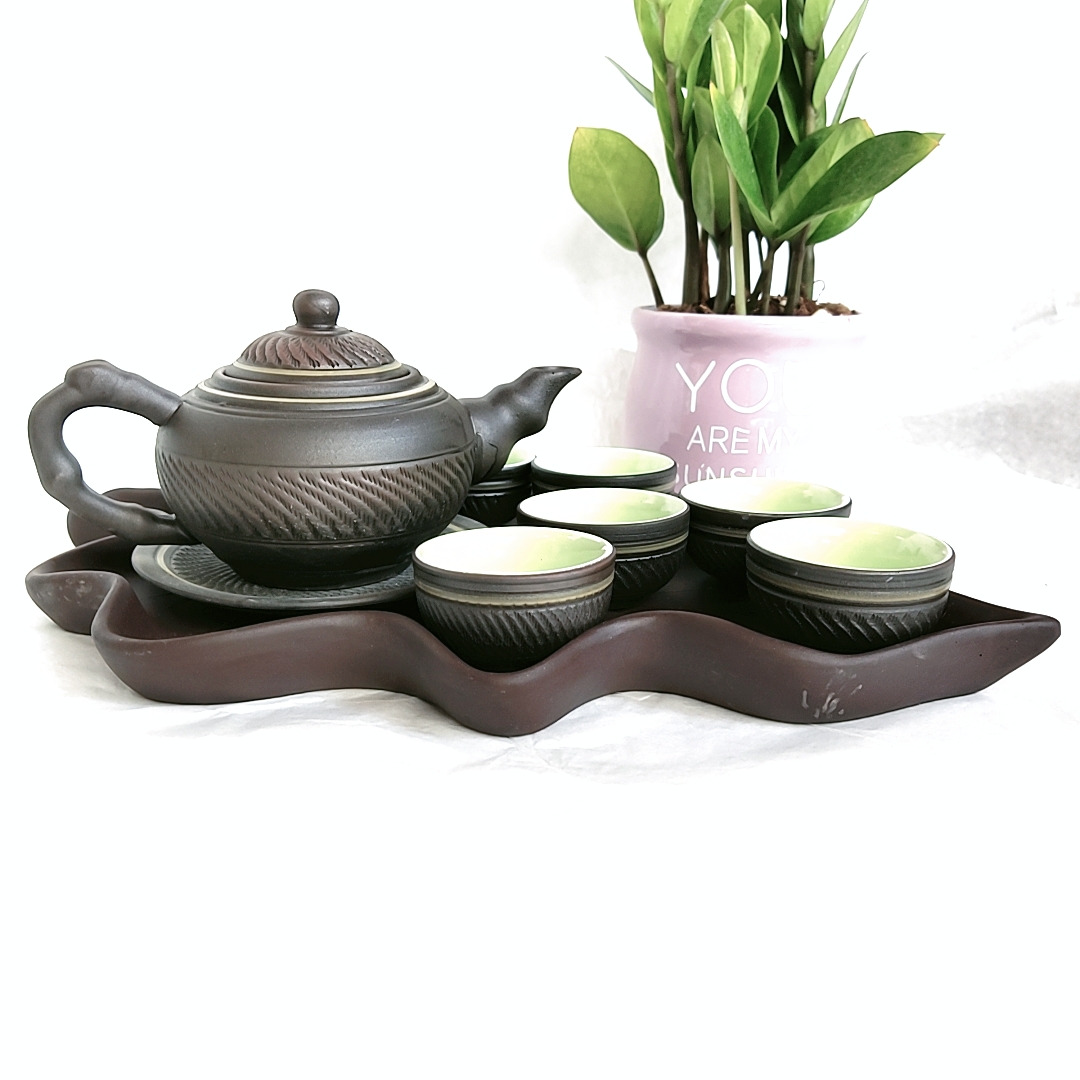 Bộ uống trà - Ấm tử sa gân chìm chóp tròn khay hình lá tuyệt đẹp - Dung tích 250 ml