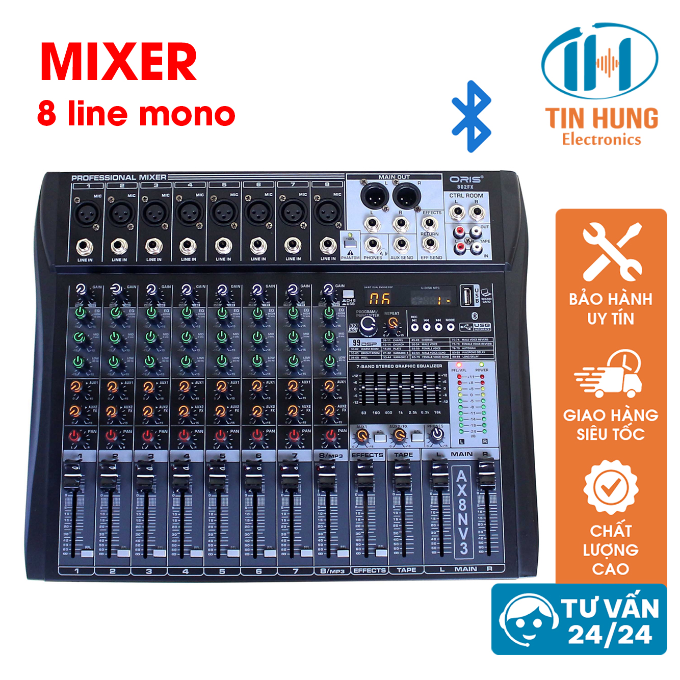 Mixer karaoke bluetooth 8 line 802 FX hàng chính hãng, giúp nhận diện và xử lý âm thanh 1 cách chuyên nghiệp - ORIS Professional