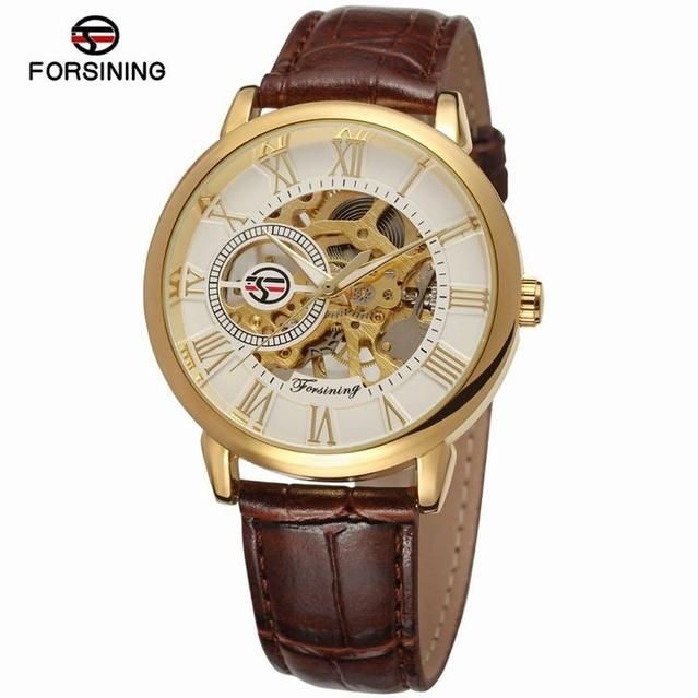 Đồng Hồ Cơ Nam Forsining Dây Da Cao Cấp Lộ Máy Giá Rẻ Chống Xước Chống Nước - Dây Nâu