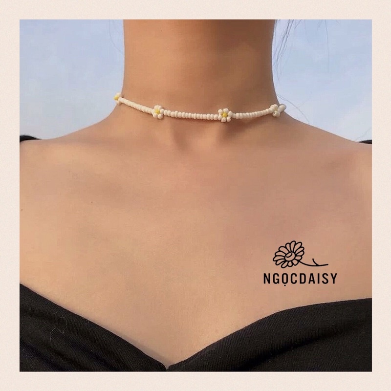 N80 Dây chuyền handmade hạt Cườm hoa cúc Daisy trắng xinh xắn