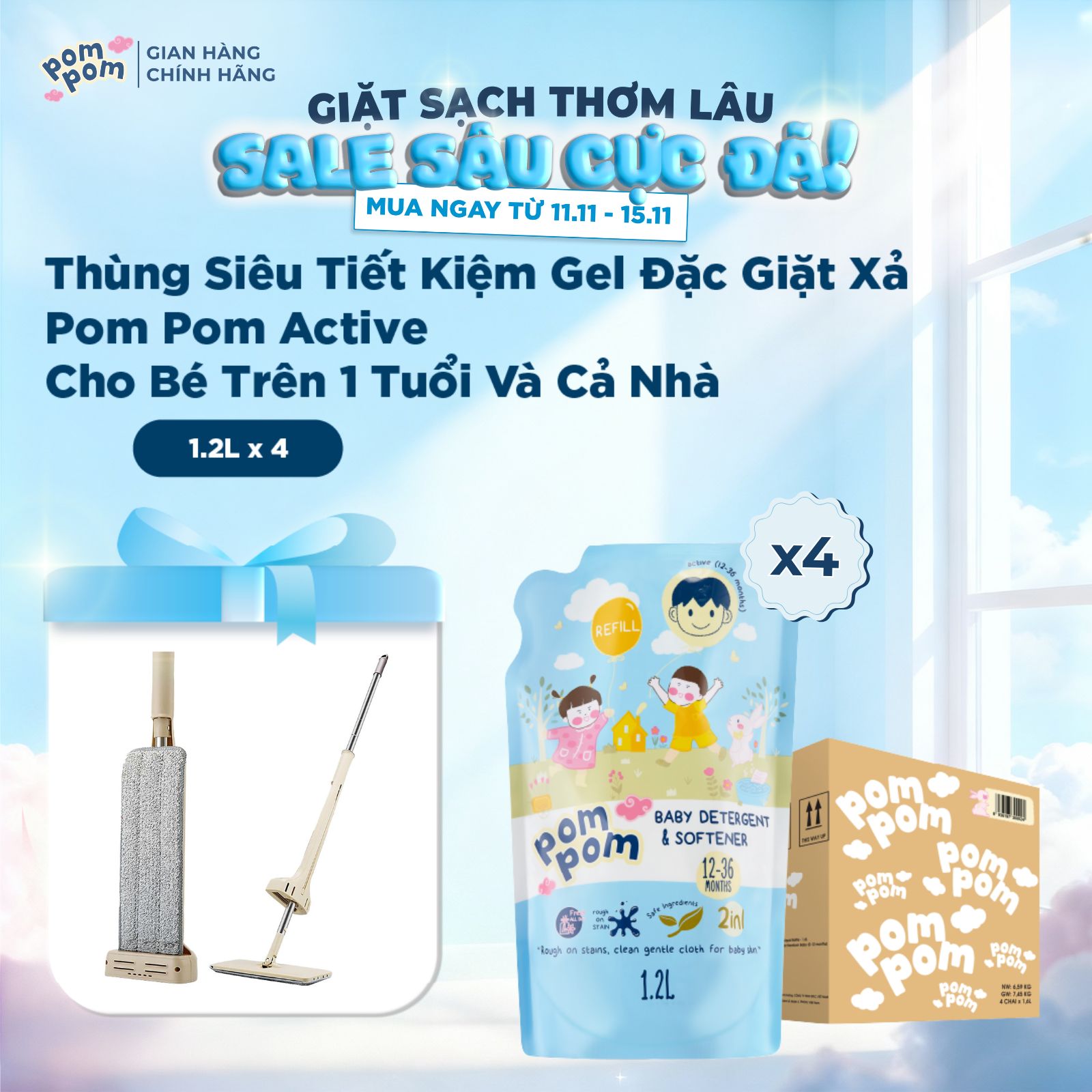 [THÙNG 4 TÚI 1.2L] Gel Giặt Xả PomPom Active Phù Hợp Cho Máy Giặt Cửa Trên và Trước - Hương Nắng Mai