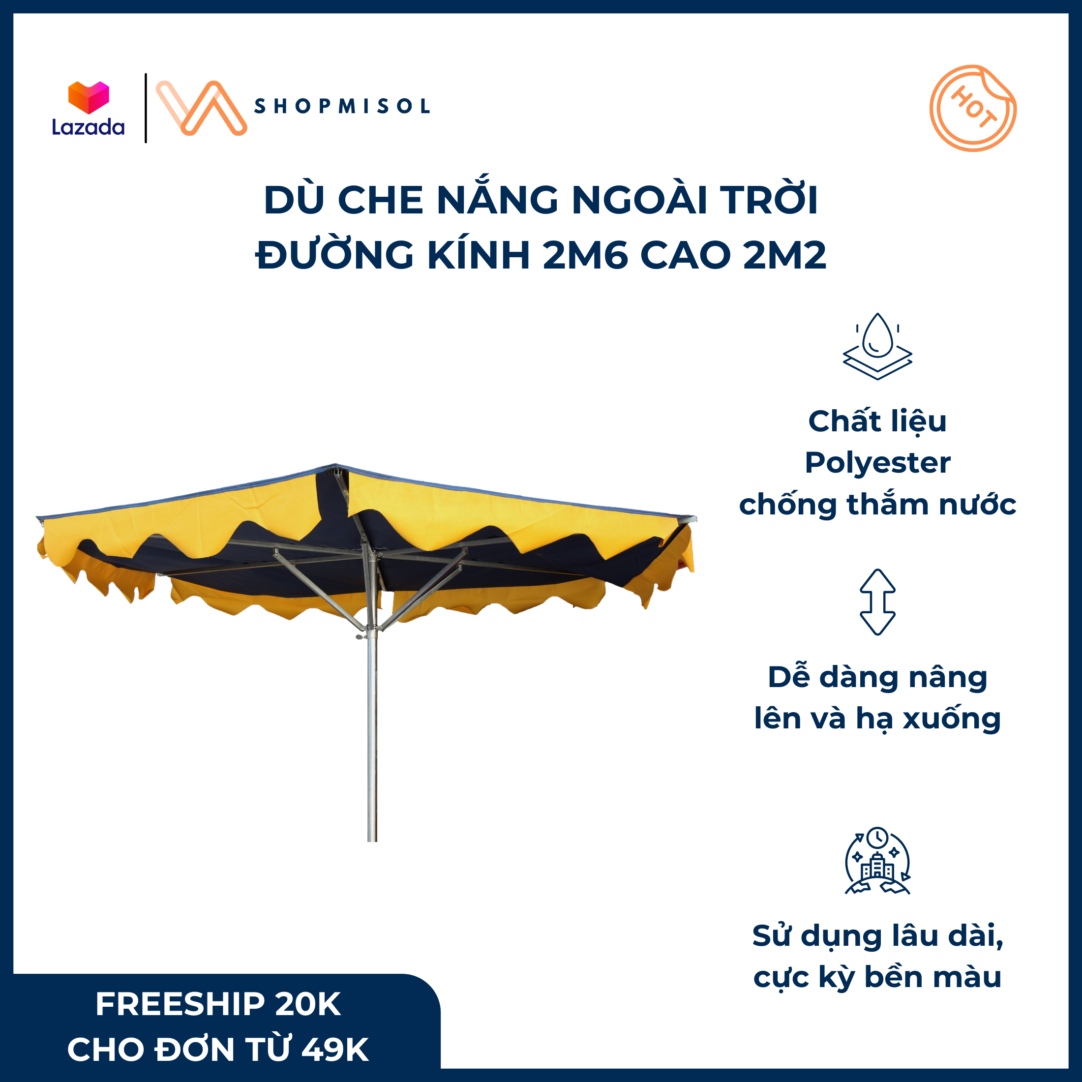 [HCM]Dù che nắng ngoài trời dù vải lớn che nắng che mưa rộng 2m6 cao 2m2 KHÔNG KÈM ĐẾ - chất liệu Polyester chống thắm nước màu ngẫu nhiên bền màu độ bền cao sử dụng lâu dài
