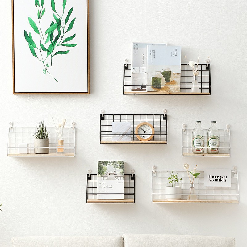 Kệ decor phòng, kệ sắt treo tường đáy gỗ trang trí phòng học, giá để đồ đa năng tặng kèm đinh