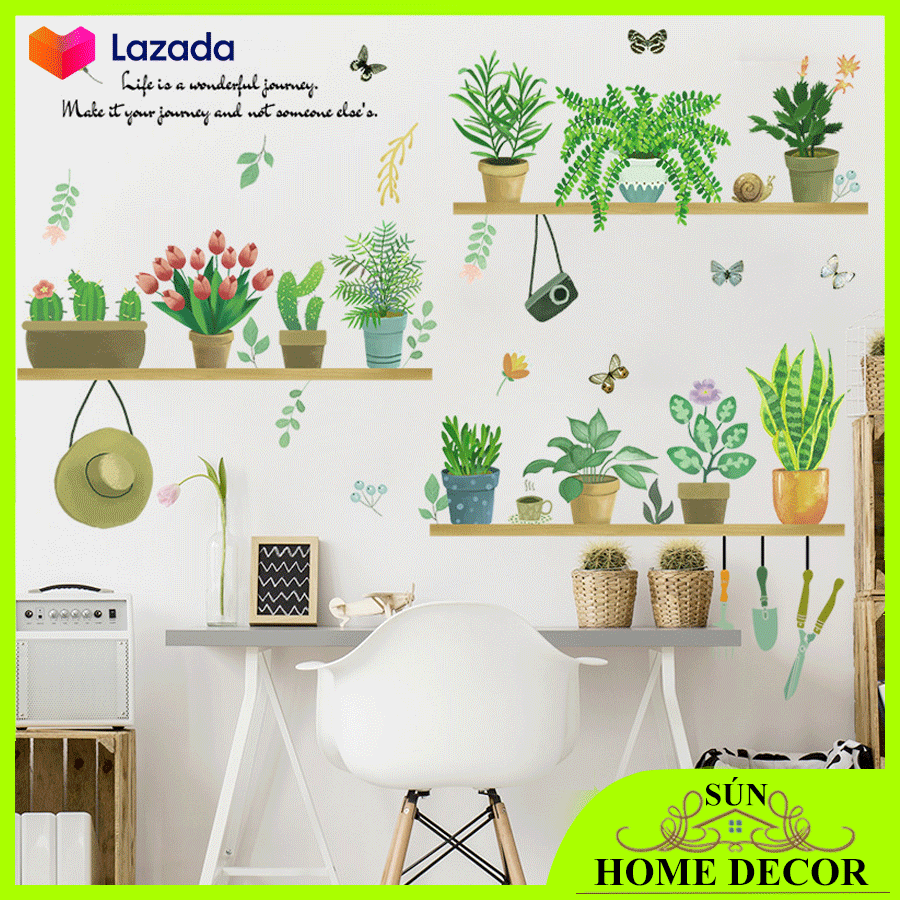 [Hàng đẹp] Decal dán tường chậu cây trên giá gỗ, dán trang trí tường phòng khách, phòng ngủ, cửa hàng, quán cafe... cực đẹp