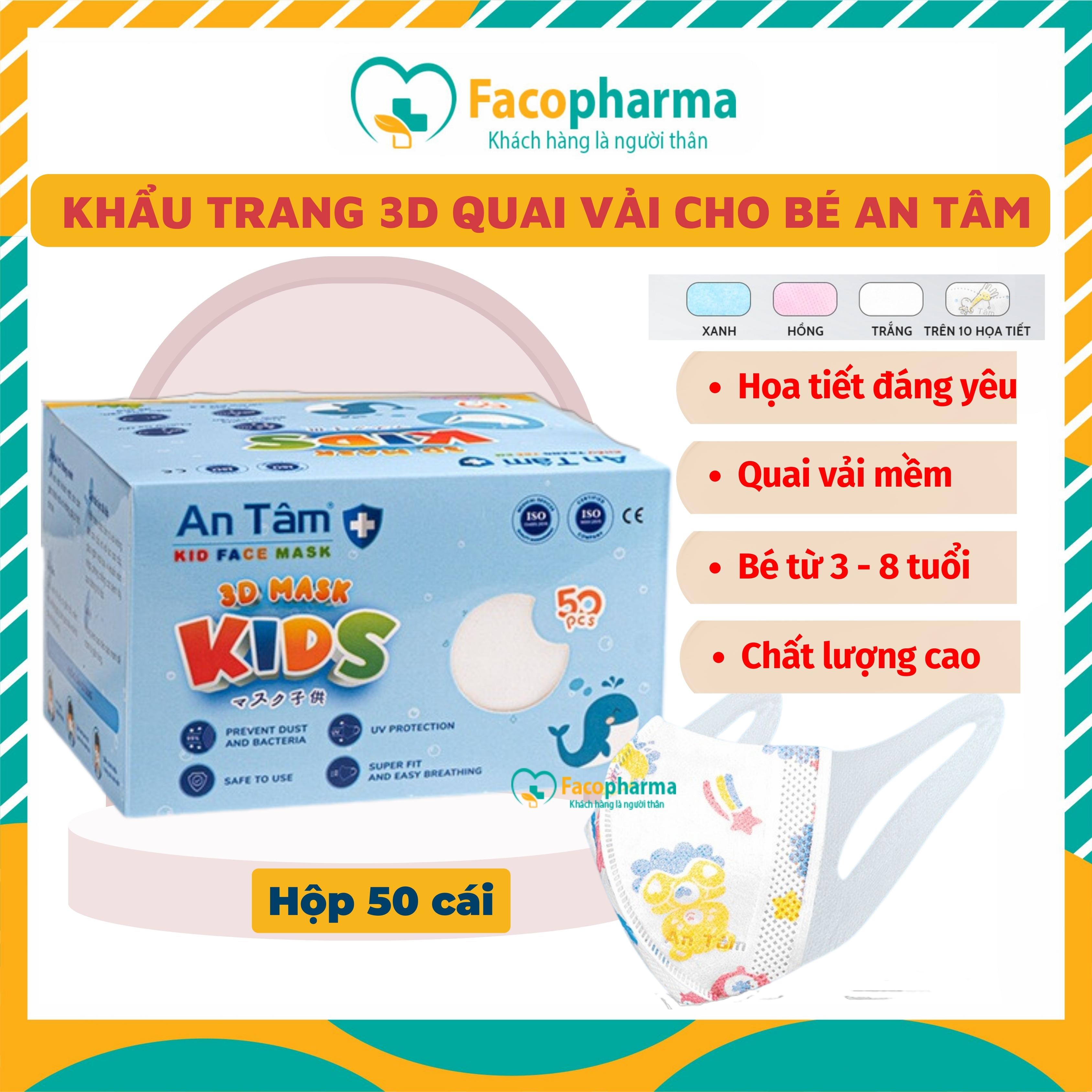 Khẩu trang trẻ em An Tâm 3D đa lớp kháng khuẩn ngăn ngừa bụi mịn cho bé từ 3-8 tuổi Hộp 50 cái