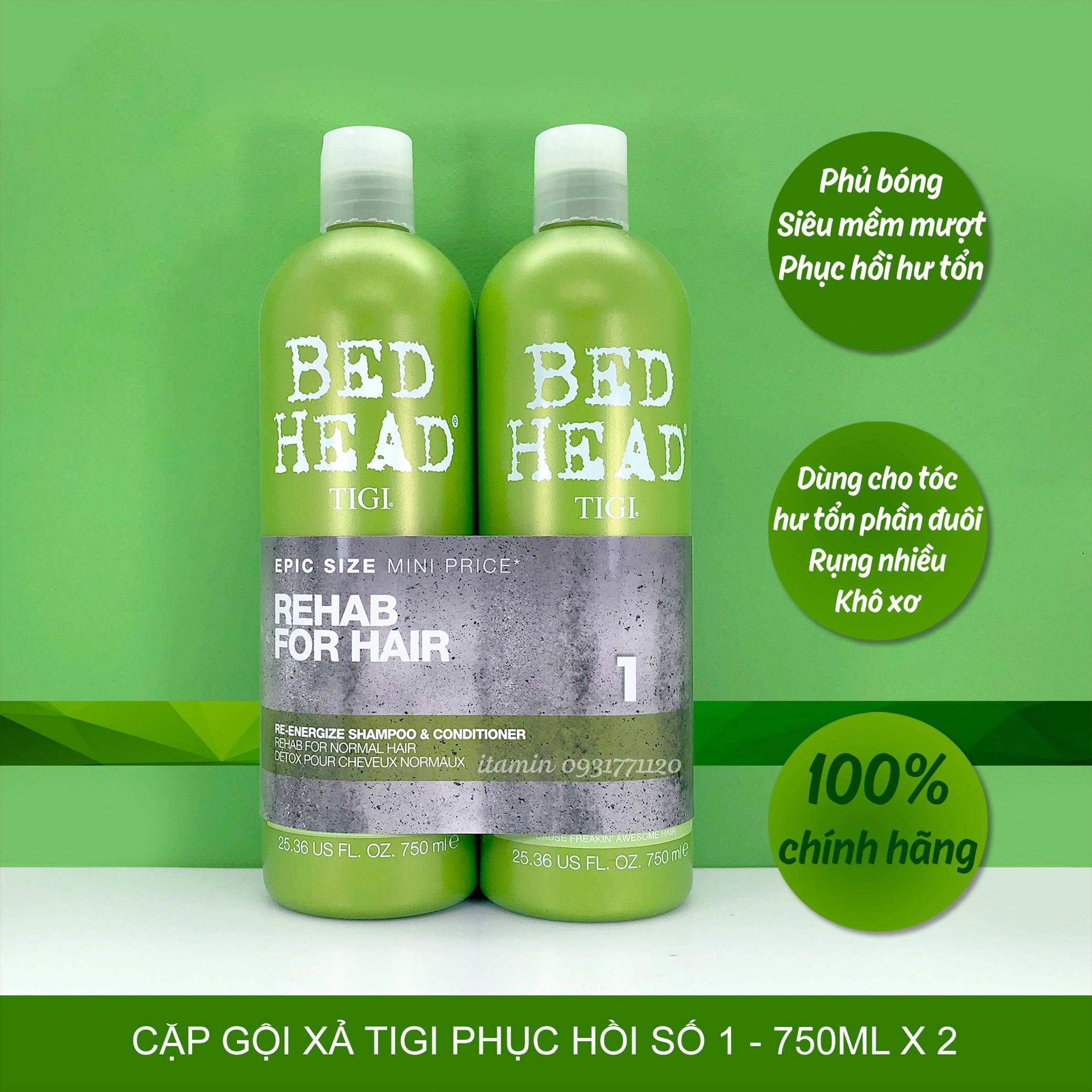 [HCM]Cặp Gội Xã Tái Tạo Sinh Lực Số 1 Bed Head Urban Antidotes Level 1 Dành Cho Tóc Thường Và Tóc Dầu(Xanh) 750ml x 2