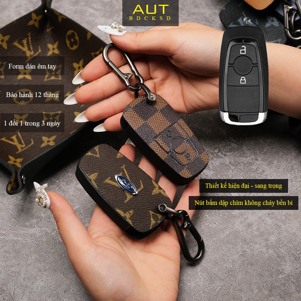 Bao da bảo vệ chìa khoá xe Ford Ecosport Everest Ranger Wildtrak 2 nút bấm LV handmade móc đen