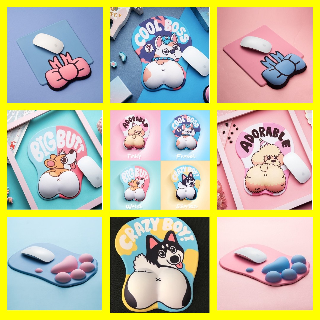 Lót chuột có đệm tay silicon, lót chuột 3D mông Corgi, Bulldog, Husky và chân mèo