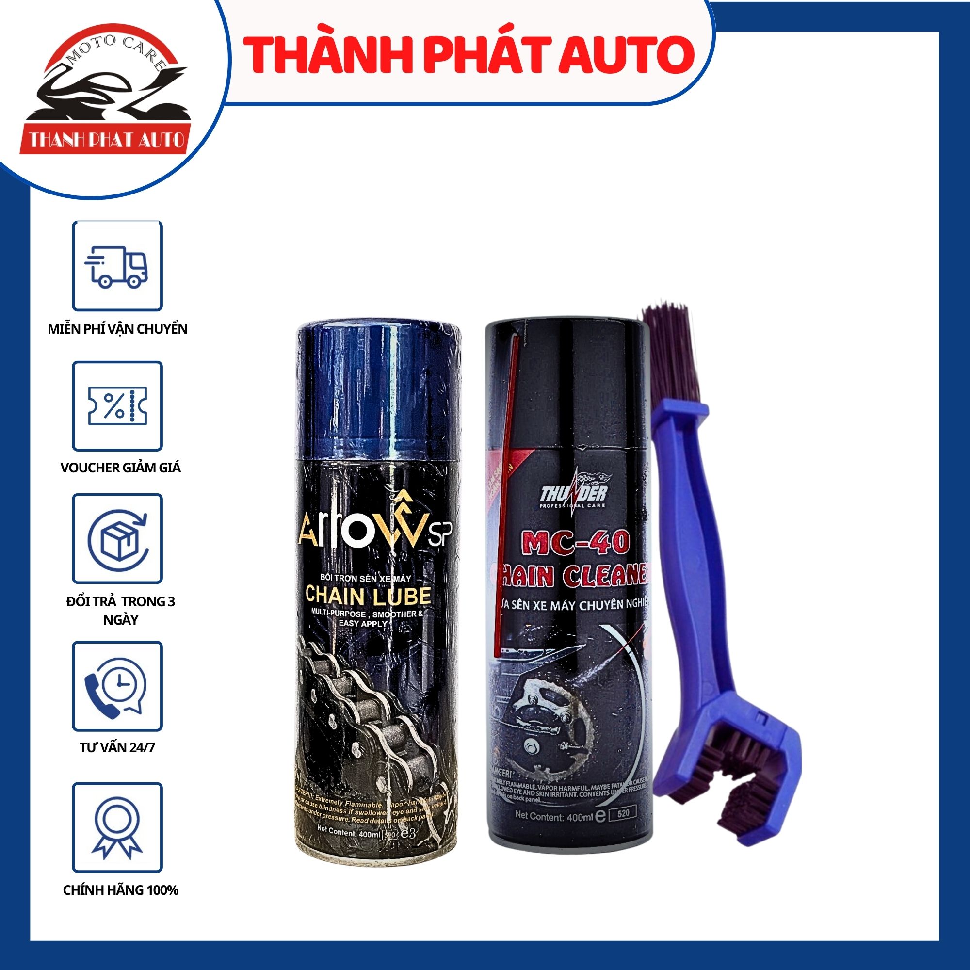 [HCM]BỘ 3 SẢN PHẨM CHAI XỊT BÔI TRƠN SÊN XE MÁY ARROW CHAIN LUBE 400ML +Chai xịt rửa sên vệ sinh sên xe máy / mô tô MC-40 400ml TẶNG BÀN CHẢI VỆ SINH CHUYÊN NGHIỆP 3D