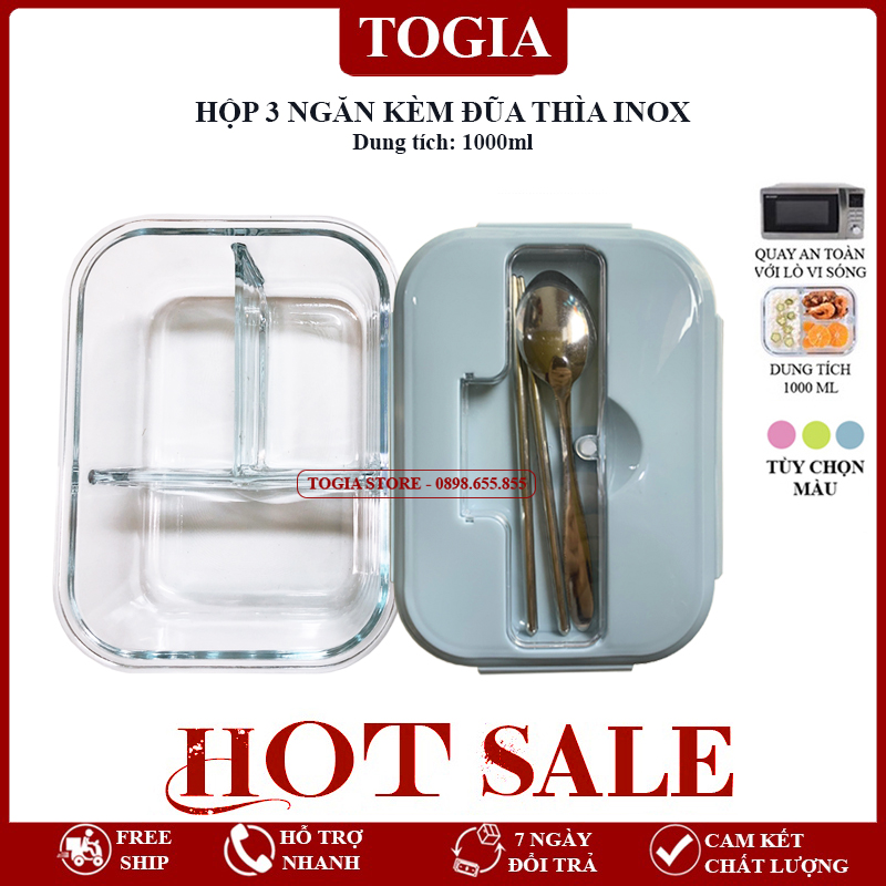 Hộp Cơm Thủy Tinh 1-2-3 Ngăn, Hộp Cơm Văn Phòng Chia Ngăn Đựng Thức Ăn Chống Tràn, Quay Được Lò Vi Sóng TOGIA