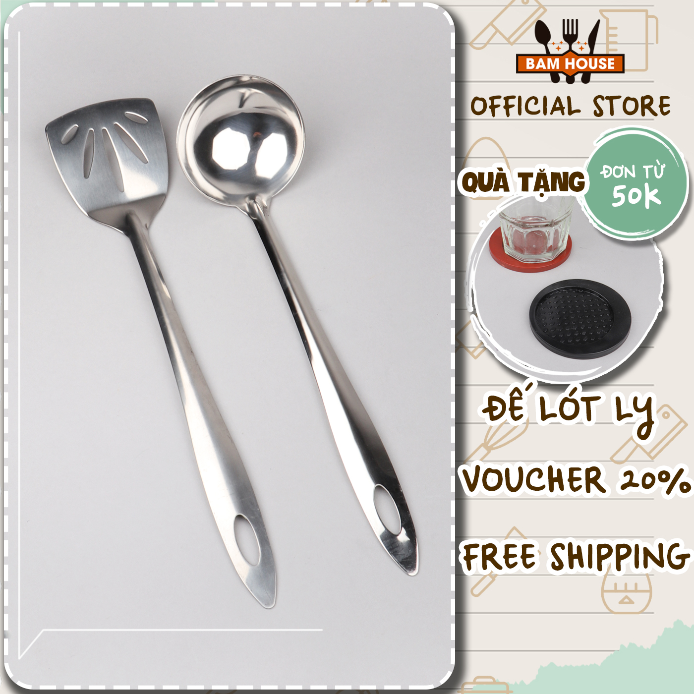 Set Vá đặc, Xẻng lỗ inox Bam House cán trơn cao cấp siêu bền SCT24 - Gia dụng bếp