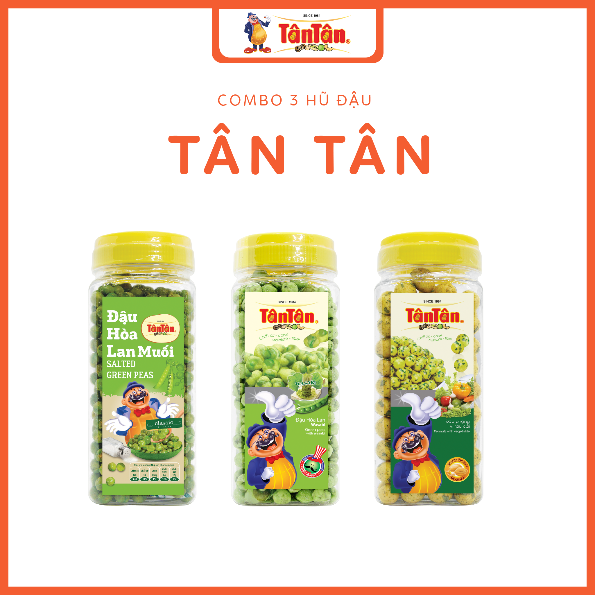 Combo 3 hũ đậu Tân Tân: HL Muối 190g, HL Wasabi 190g, Rau Cải 190g