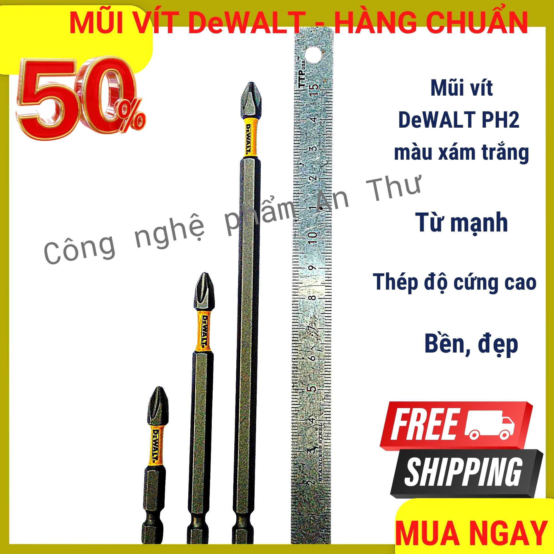 [Thêm Quà Tặng] Bộ 3 Mũi Vít DeWALT Bake PH2 Gồm 3 Size dài 5cm, 9cm, 15cm, Màu Xám Trắng, Từ Mạnh, Mũi Thép Độ Cứng Cao, Chuôi Lục Giác Ngắn 6,35 mm, Phù Hợp Với Tất Cả Máy Bắn Vít, Máy Khoan Pin, Tặng Thêm 1 Mũi PH2 Dài 2,5cm