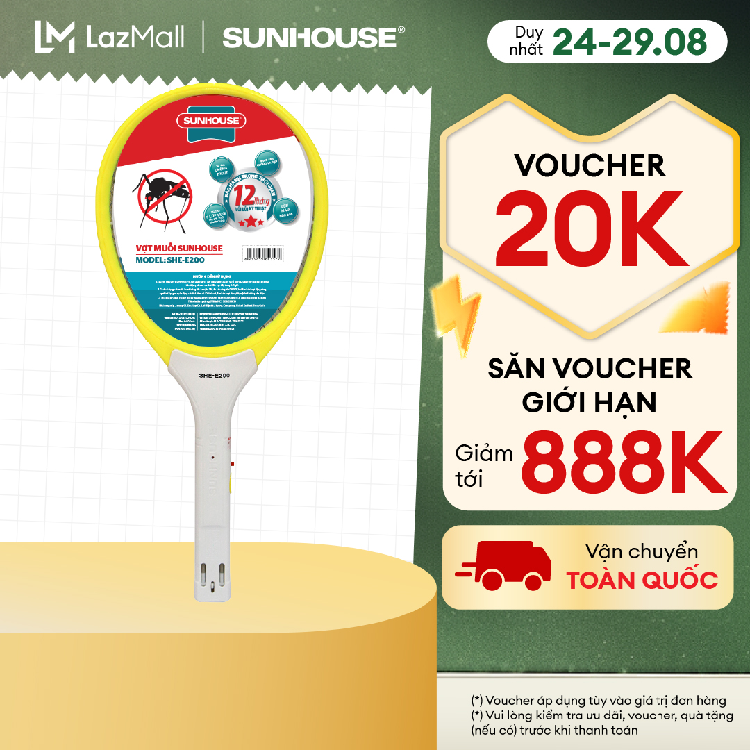Vợt muỗi Sunhouse SHE-E200 màu vàng 3 lớp tích hợp đèn báo - Nhựa ABS an toàn, chống va đập - Hàng chính hãng