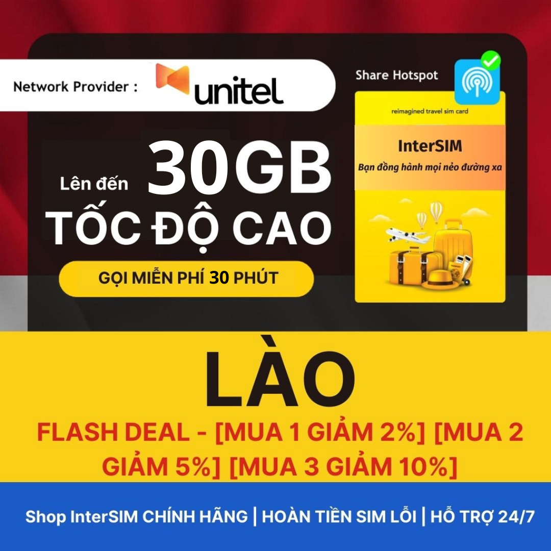 【sim du lịch lào sim nội địa lào】【nhà mạng unitel】【30gb internet tốc độ cao 4g / 5g có nghe gọi】sim du lịch intersim