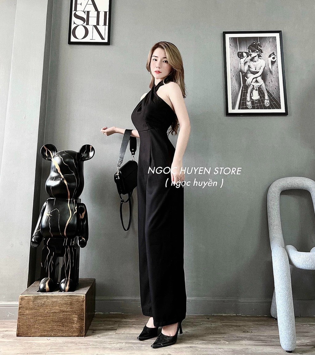 [Voucher 50k Freeship Max 0 đồng toàn quốc] Jum thiết kế đi tiệc cưới quần ống suông dài jum cổ yếm màu đen cuốn hút jum quần dài ống rộng cổ đan chéo