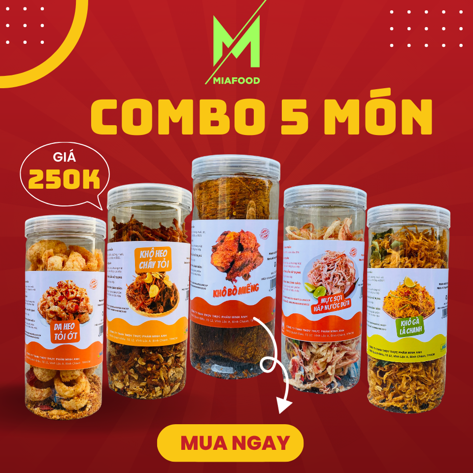 Combo 5 món 250k (Khô bò miếng, khô heo cháy tỏi, khô gà lá chanh, mực sợi hấp dừa, da heo tỏi ớt)