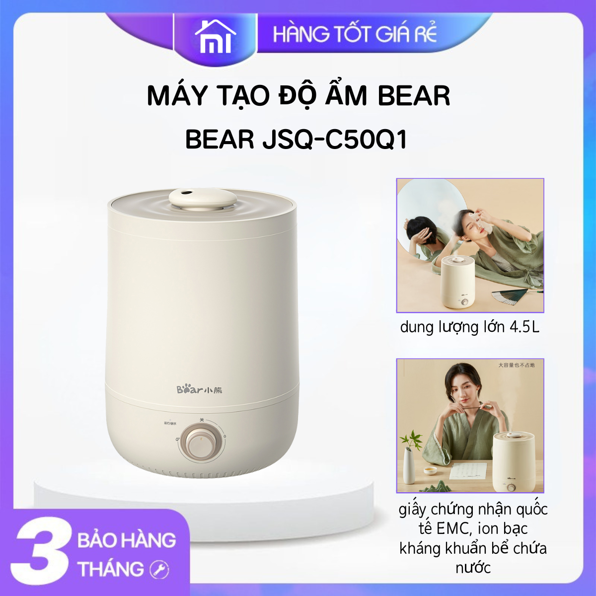 Máy tạo độ ẩm bear-Máy phun sương làm mát tại nhà - Máy phun sương mini Bear tạo ẩm phòng khuếch tán tinh dầu Dung tích 4.5L - Mijia