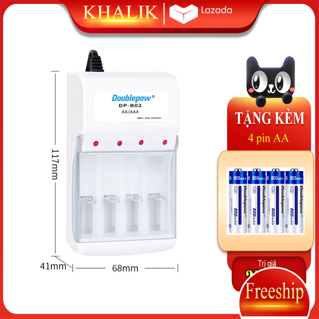 [B02+4AA800] Bộ sạc pin tiểu AA, AAA Doublepow DP-B02 + tặng kèm 04 viên pin AA 800mAh - hàng nhập khẩu