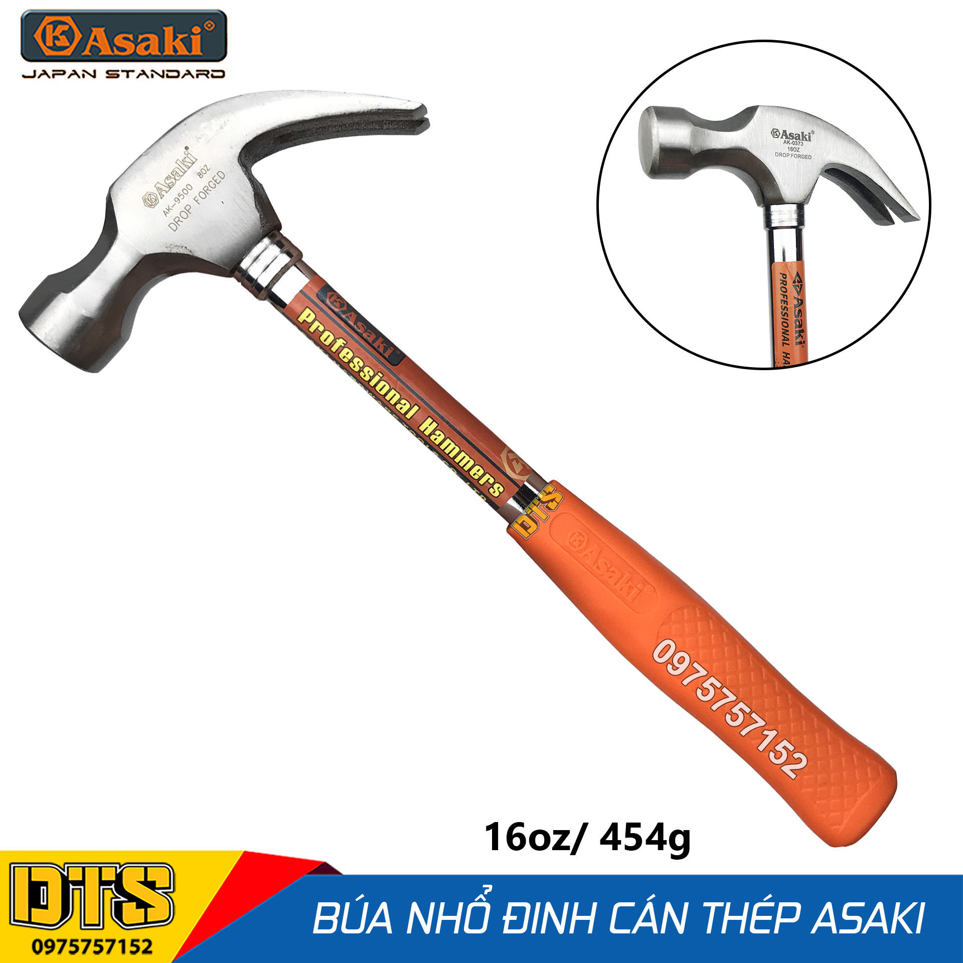 Búa sừng dê, búa nhổ đinh cán thép cứng 16oz/ 454g Asaki AK-0373 – Búa đóng đinh đầu tròn thép siêu cứng